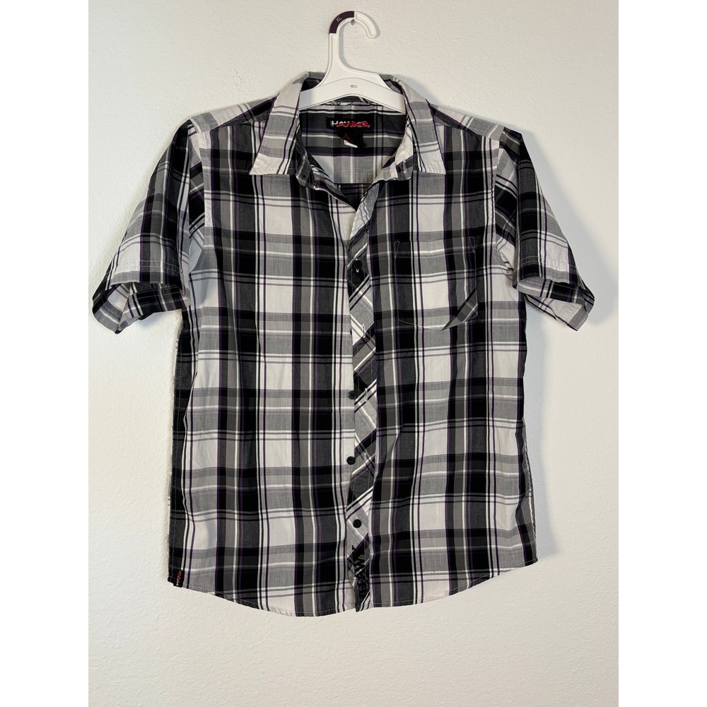 Tony Hawk Boys XL 18/20 Plaid Button Down Shirt Short Sleeve Black Purple White